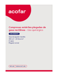 ACOFAR GASA ESTÉRIL ALGODÓN HIDRÓFILO COMPRESAS 100 UNIDADES — 20 SOBRES DE 5 UNIDADES
